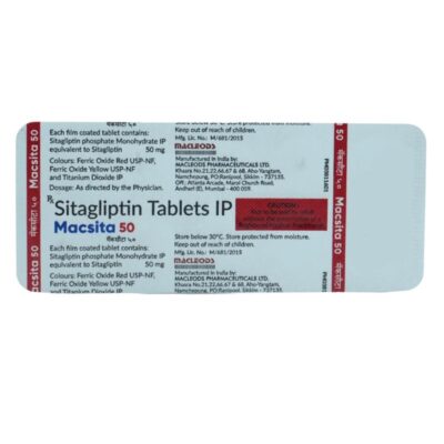 Uses: MACsita 100mg Tablet is used for managing Type 2 Diabetes Mellitus, especially when: Diet and exercise alone are not enough Better control of post-meal blood sugar is needed Used alone or with other medicines like metformin, sulfonylureas, pioglitazone, or insulin It helps maintain steady sugar levels throughout the day. How it Works: Sitagliptin is a DPP-4 inhibitor that: Increases incretin hormone levels Enhances insulin release after meals Reduces glucagon production Improves overall glycemic control without causing sudden sugar drops Dosage: Usually taken once daily, with or without food. 100mg is the standard adult dose if kidney function is normal. Dose may be reduced in moderate-to-severe kidney disease. How to Use: Take whole with water at the same time each day. Continue diet control and regular exercise. Monitor sugar levels frequently. Precautions: Inform doctor if you have kidney issues (dose may need adjustment). Use carefully if you have had pancreatitis. Not for Type 1 diabetes or DKA. Can be used with other diabetic medicines but may increase risk of low sugar when combined with sulfonylureas/insulin. Inform doctor if pregnant or breastfeeding. Side Effects: Common: Headache Nasal congestion Stomach discomfort Sore throat Less common but serious: Pancreatitis (severe upper stomach pain) Allergic skin reactions Joint pain Low blood sugar (when used with insulin or sulfonylureas)