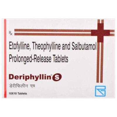 Deriphyllin S Tablet PR is a combination bronchodilator used to treat asthma, bronchitis, and chronic obstructive pulmonary disease (COPD). It relaxes the muscles of the airways, widens them, and helps in easy breathing. Uses: Asthma (acute and chronic) COPD (Chronic Obstructive Pulmonary Disease) Chronic bronchitis Wheezing and shortness of breath Dosage: The dose is prescribed by the doctor depending on your condition and response to treatment. Usually taken once or twice daily with food or as directed. How to Use: Swallow the tablet whole with water; do not crush or chew. Take after meals to avoid stomach irritation. Take at the same time each day for best results. Precautions: Use only under medical supervision. Inform your doctor if you have heart disease, high blood pressure, liver or kidney issues, thyroid problems, or seizures. Avoid alcohol and caffeine. Pregnant or breastfeeding women should consult their doctor before use. Side Effects: Nausea or vomiting Headache Restlessness or nervousness Tremors Fast heartbeat (palpitations) Stomach discomfort Trouble sleeping